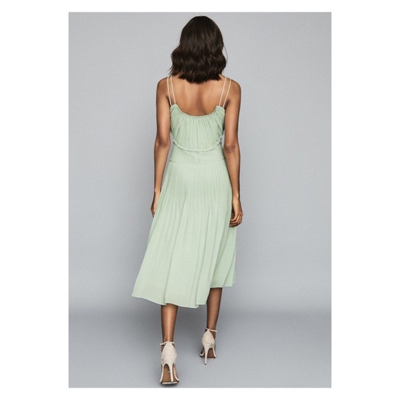 New! REISS Thora Pleated Chiffon Midi Dress in Mint Green - Picture 5 of 10